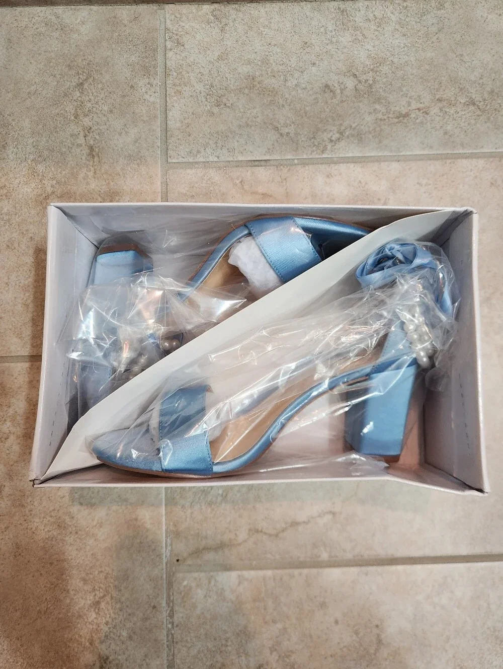 Satin Blue Block Heel Sandal with Pearl Ankle Tie